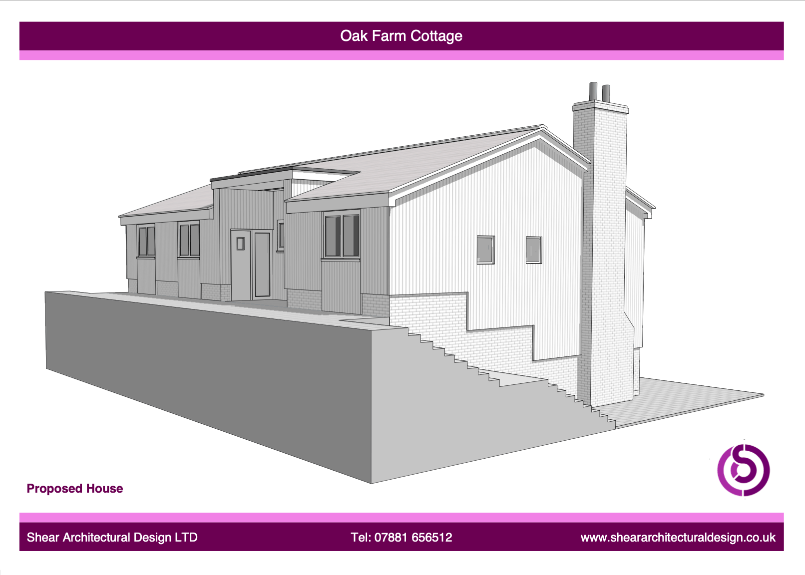 Artistic drawing of a mid-Sussex barn with a contemporary design, split levels, part green roof, and double vaulted glazed gable end for picturesque countryside views
