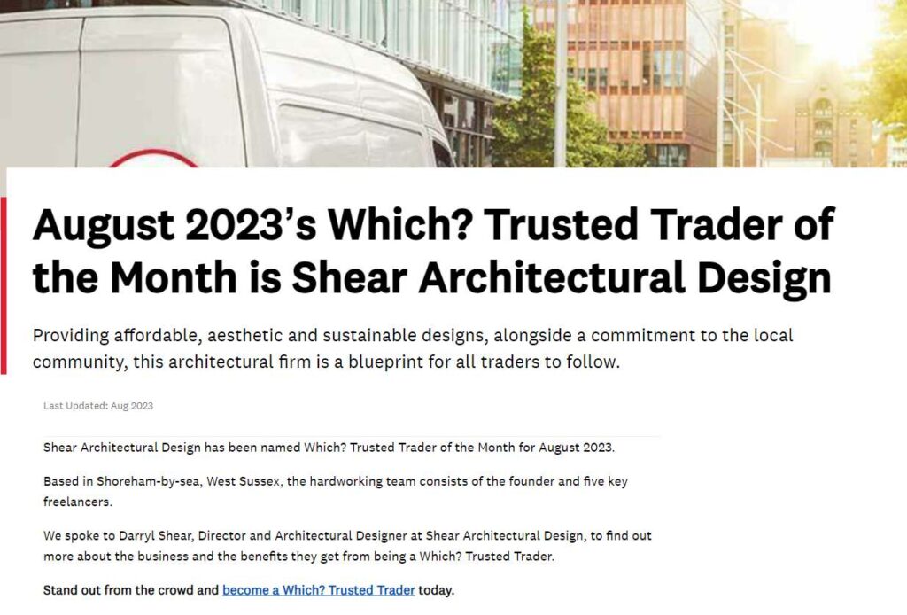 Award emblem of 'Which? Trusted Trader of the Month' set against the backdrop of a modern architectural design sketch, representing Shear Architectural Design's commitment to excellence.